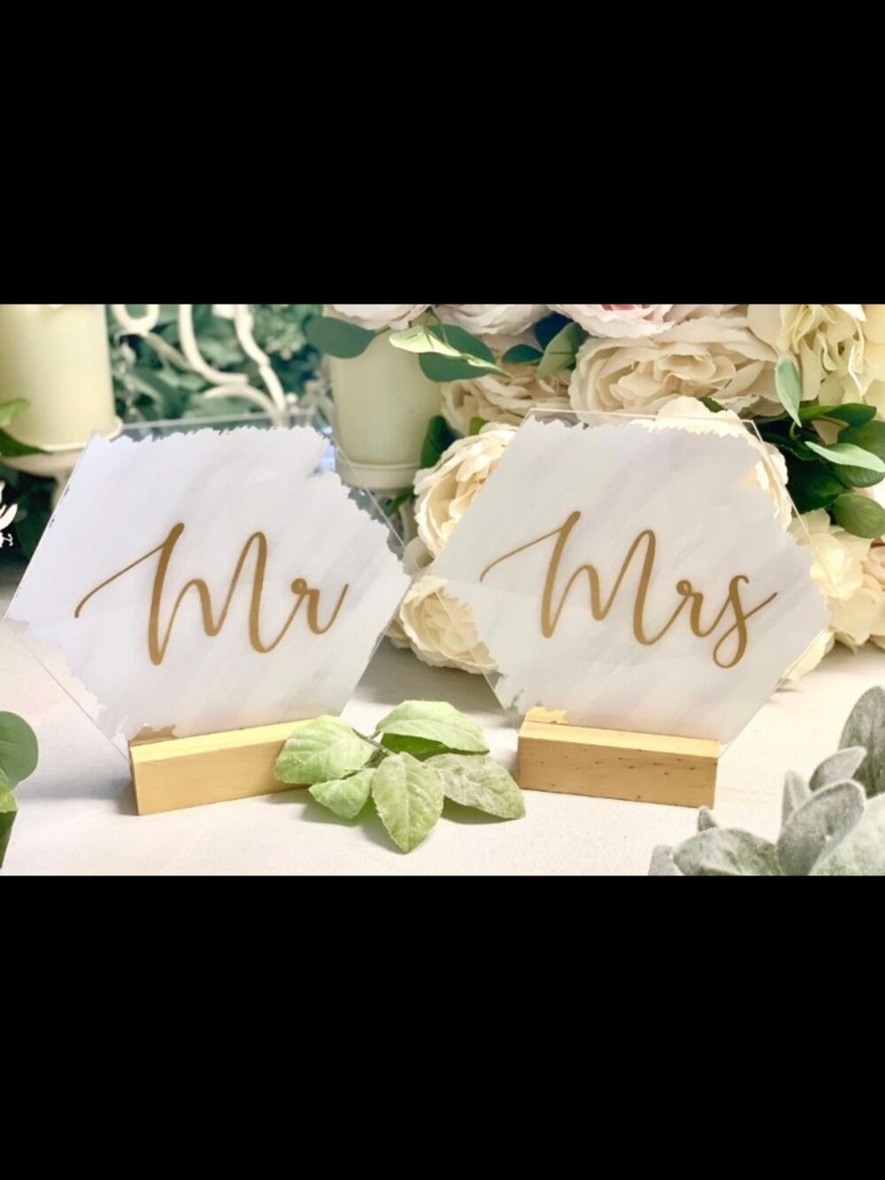 Acrylic White and Gold "Mr" and "Mrs" Table Signs with Wood Guest Book - Picture 2 of 5